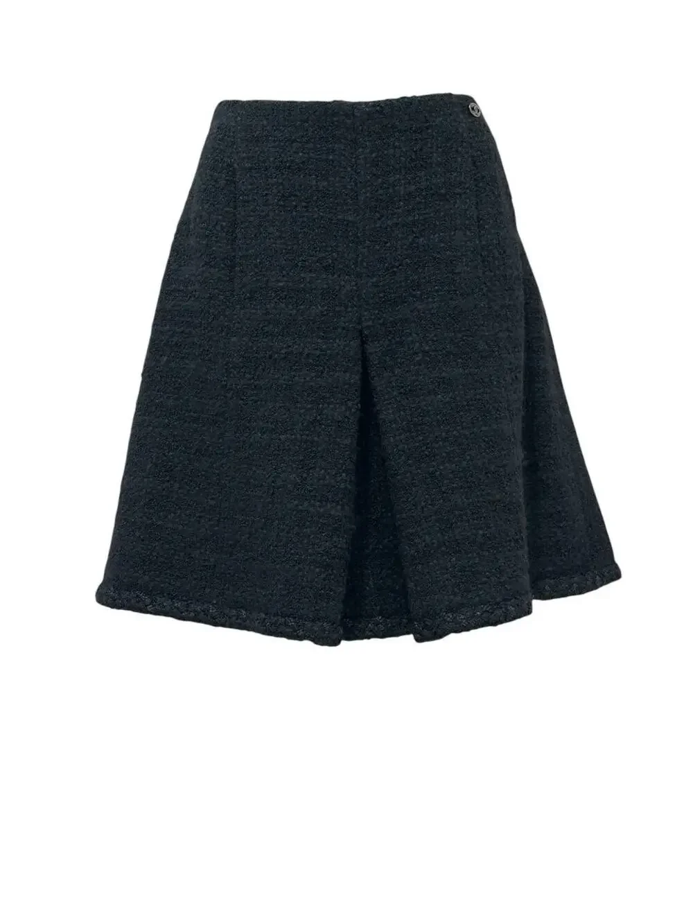 CHANEL Black Bouclé Wool A-Line Skirt with CC Button - FR 48